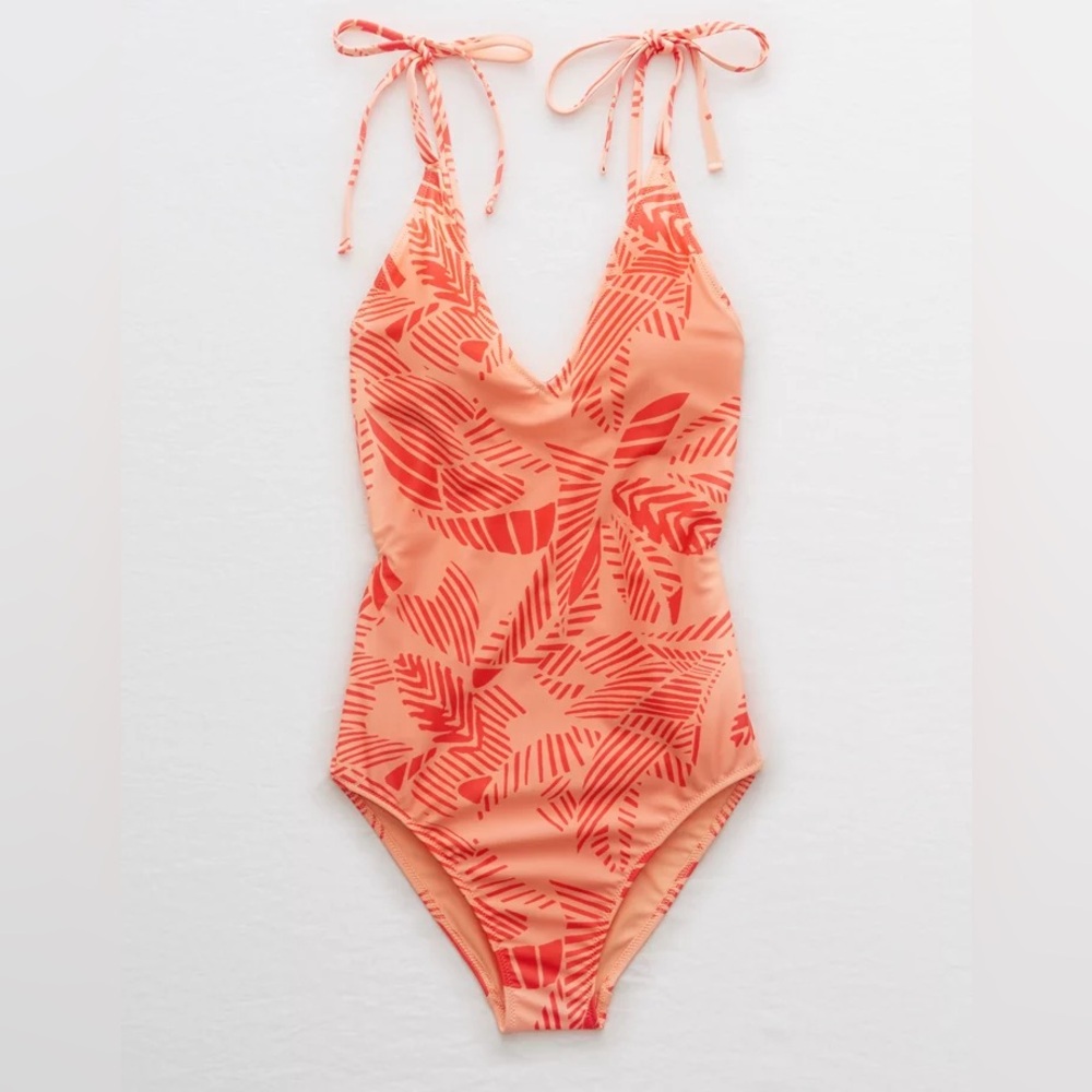 Aerie Peach‎ Tropical Full Coverage V Neck One Piece Swimsuit
